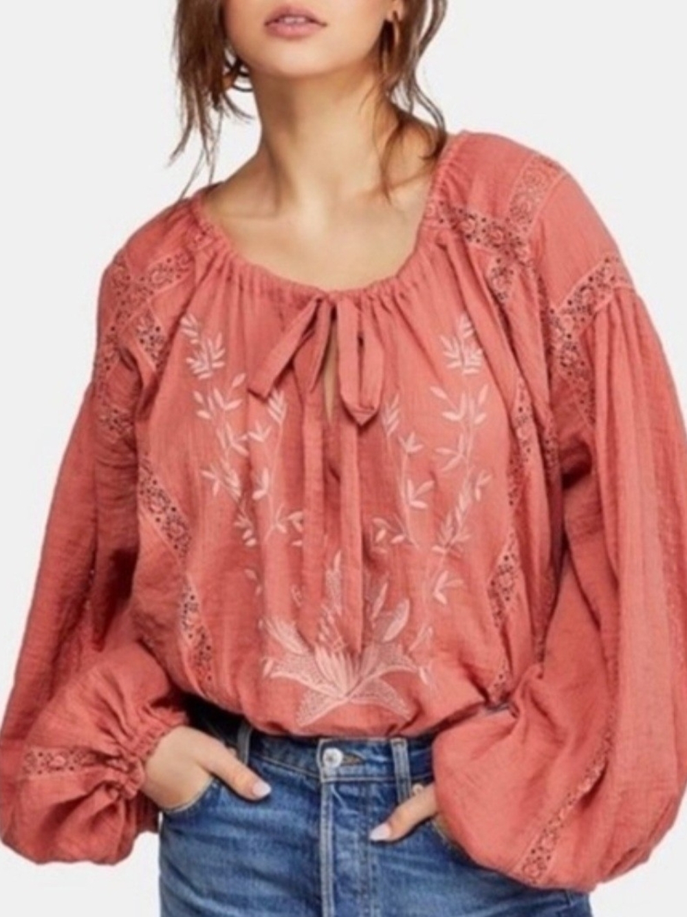 B2 Free People Rust Pink Embroidered Tie-Front Peasant Tunic